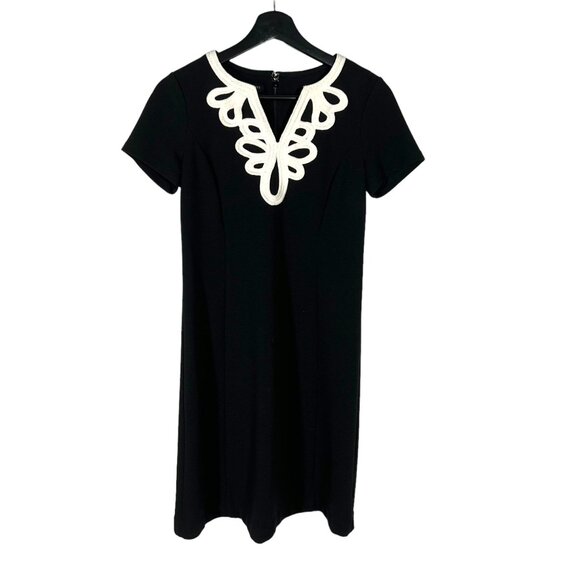 Talbots Black White Textured Short Sleeve Sheath Below Knee Dress Small Petite - Picture 1 of 10